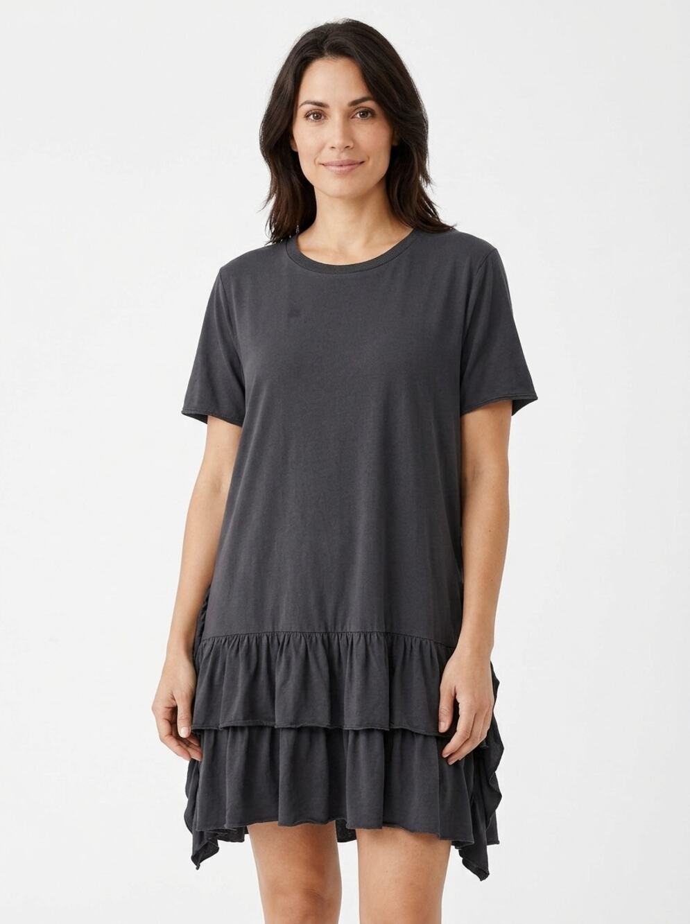 A Loves A Gray Ruffle Tiered Hem Short Sleeve T-Shirt Dress Women Size L